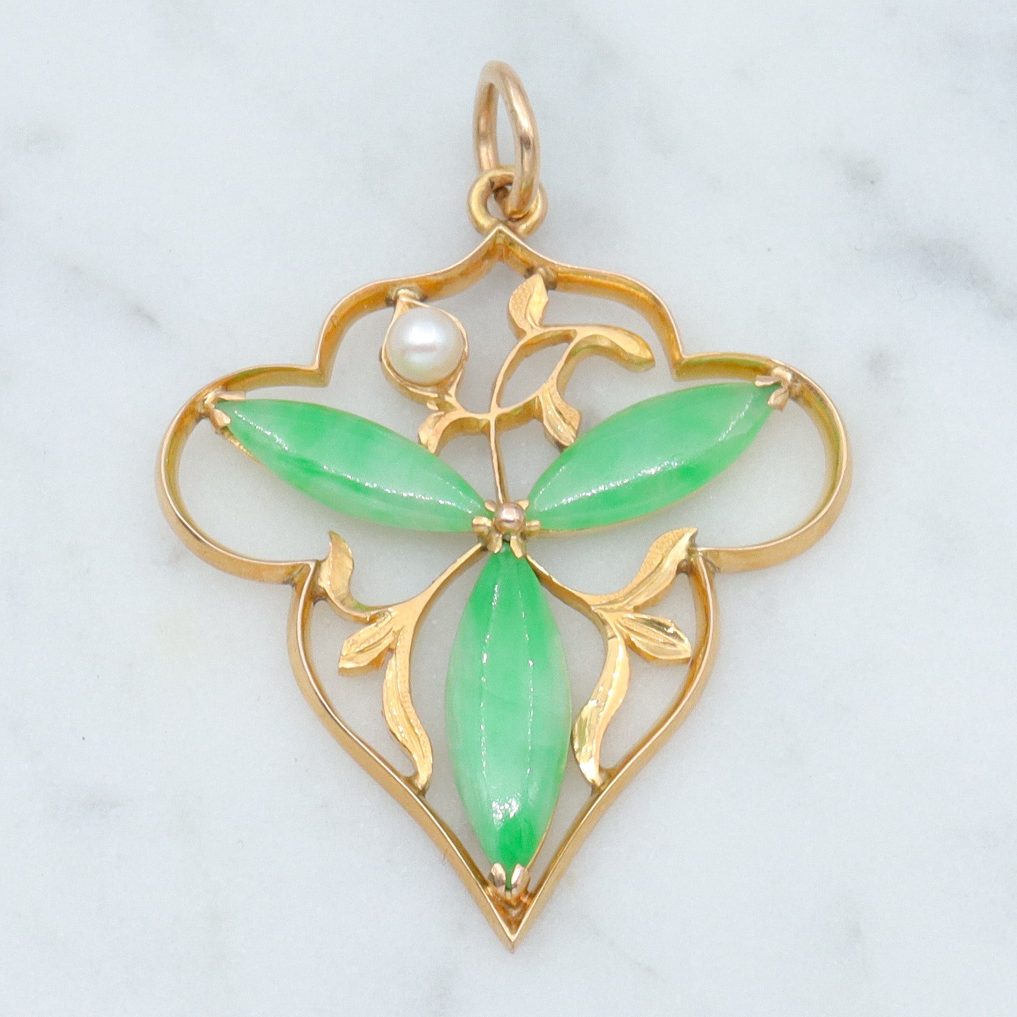 Antique Art Nouveau 14k gold jade & pearl foliate pendant